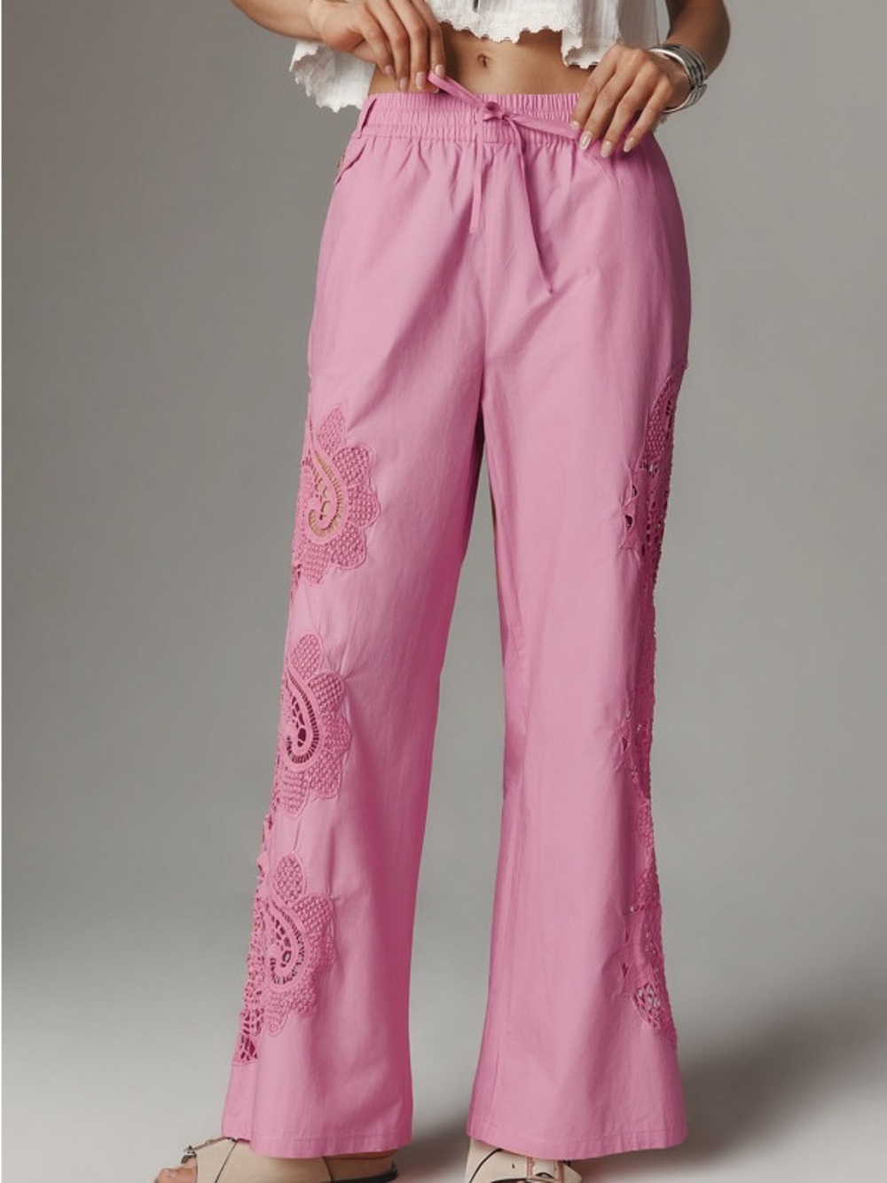 Maeve The Brooklyn Pink Wide-Leg Crochet Panel Pants